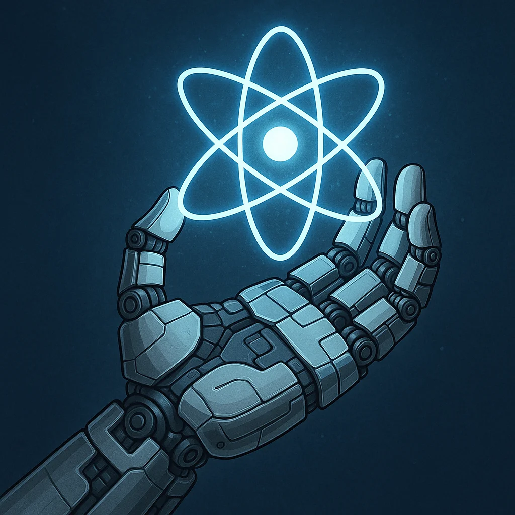 Robotic hand holding a glowing atom