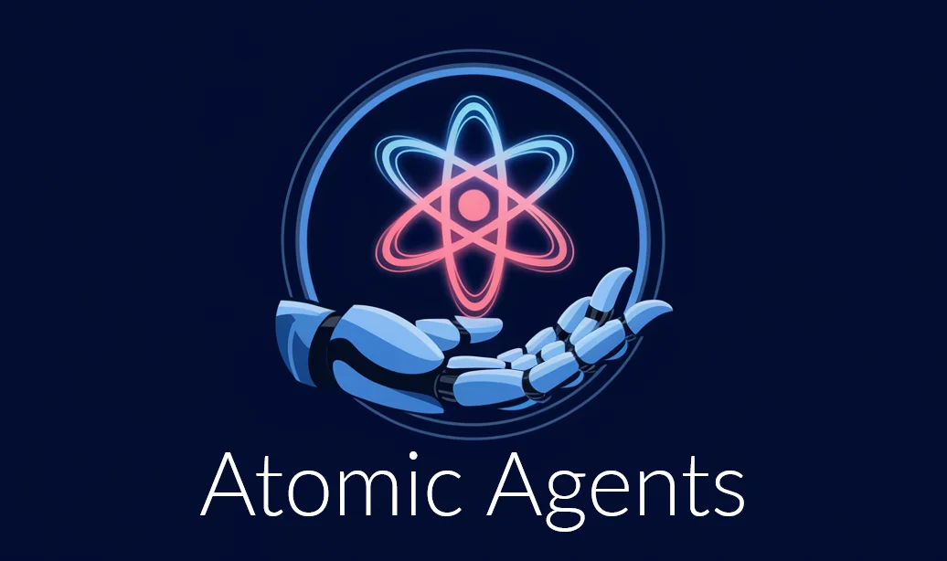 Atomic Agents logo: an atom held in a robotic hand