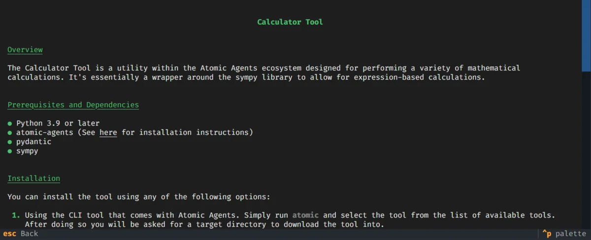 The tool info page for the Calculator tool in the Atomic Assembler CLI