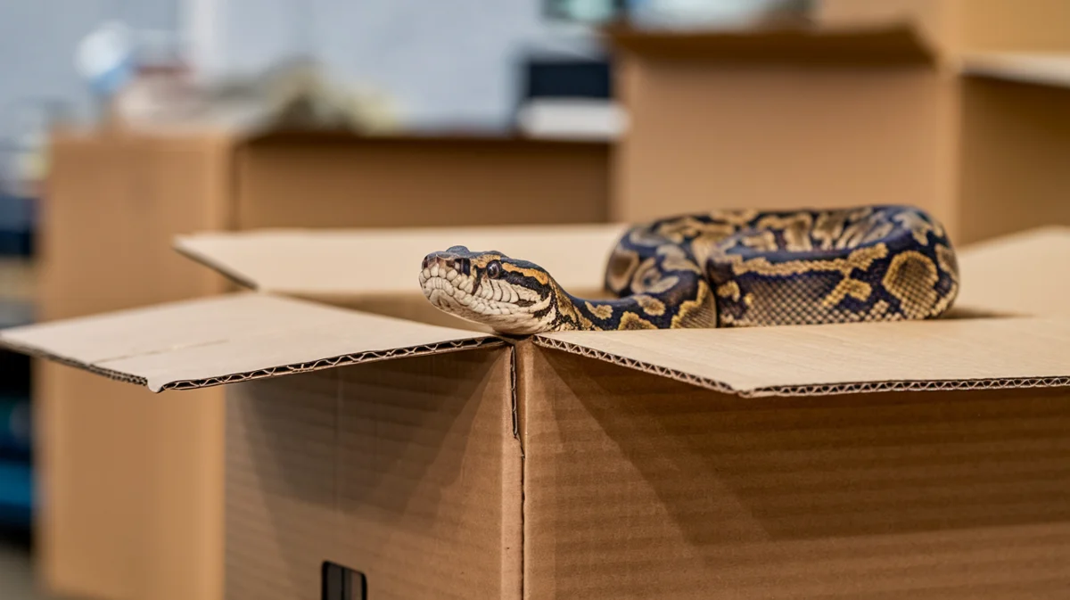A python curled up in a cardboard packing box