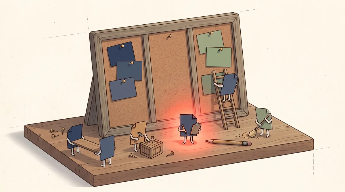 Paper index cards with legs building things on a workbench in front of a small Kanban board, one card glowing while it directs the others
