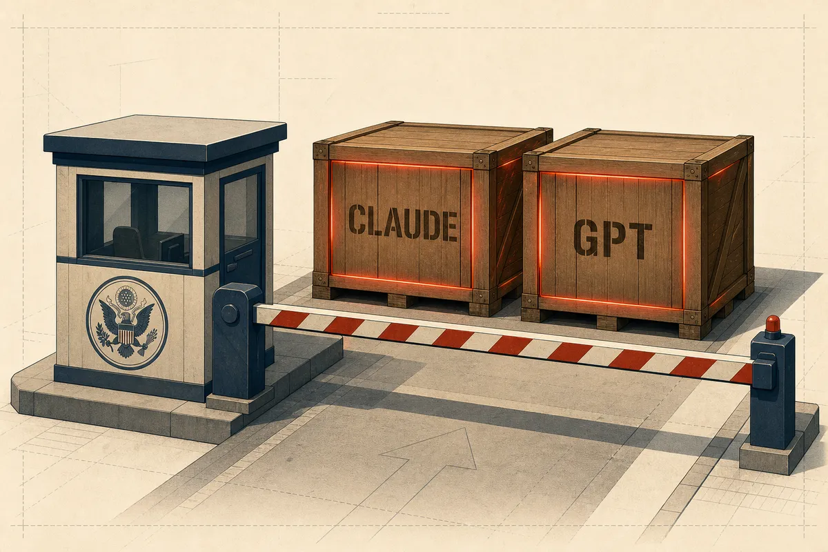 A government checkpoint barrier holding back two glowing crates stencilled CLAUDE and GPT