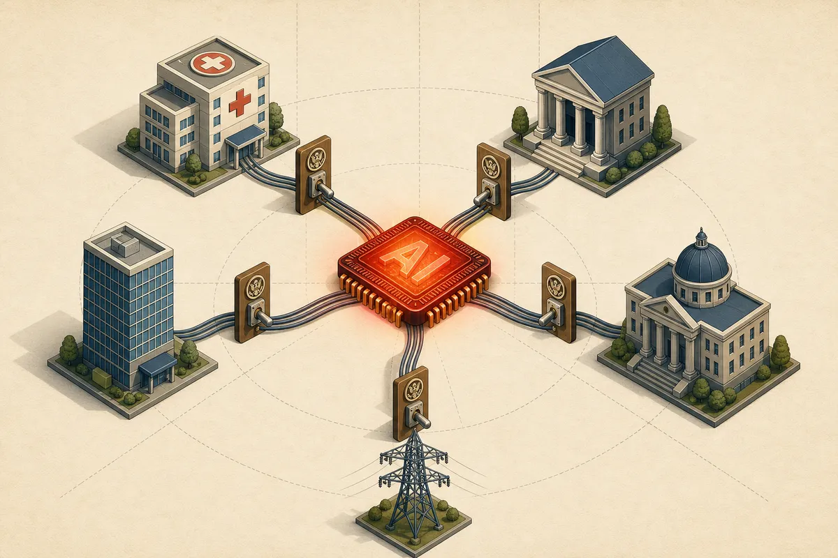 One AI chip wired through government switches into a hospital, a bank, a courthouse, and the power grid