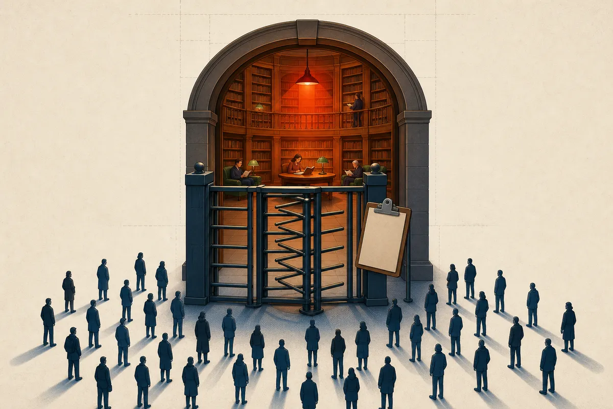 A glowing library behind a turnstile, a few readers let inside, a crowd waiting outside in the dark