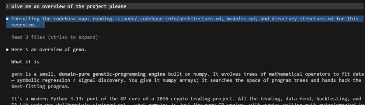 Claude consulting the codebase map at the start of a session