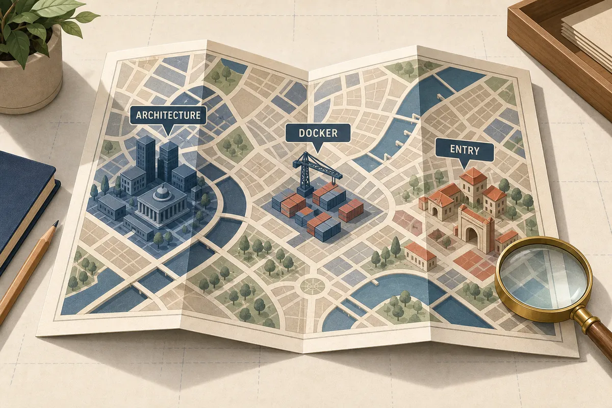 Folded paper city map with labeled districts on a desk