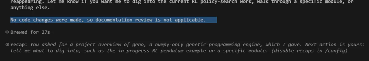 Claude declining to update the docs because no code changed
