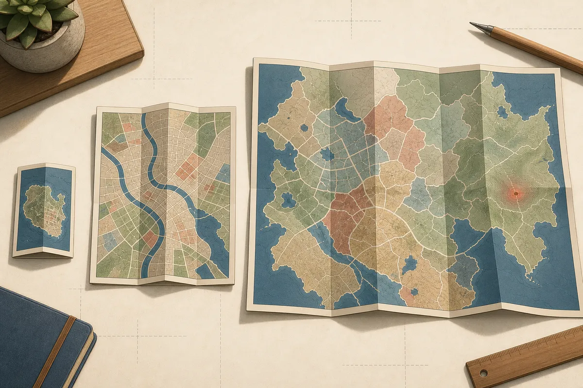 Three folded maps of increasing size for projects of different scale
