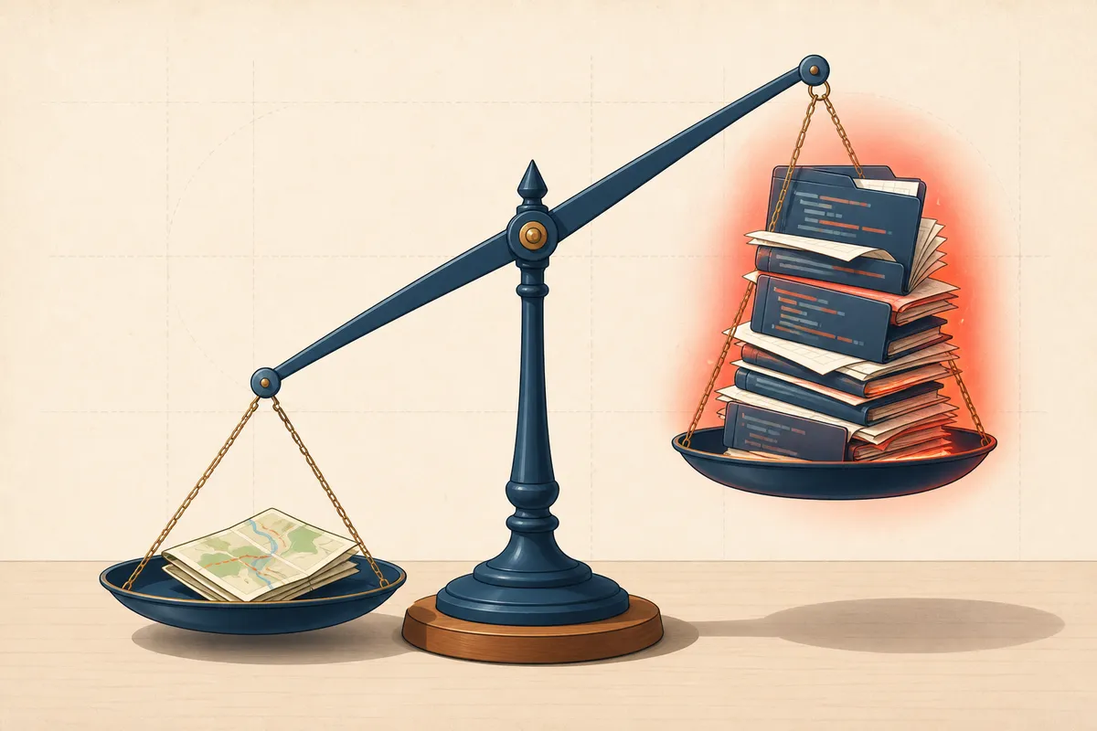 A balance scale where a small folded map outweighs a tall stack of code files