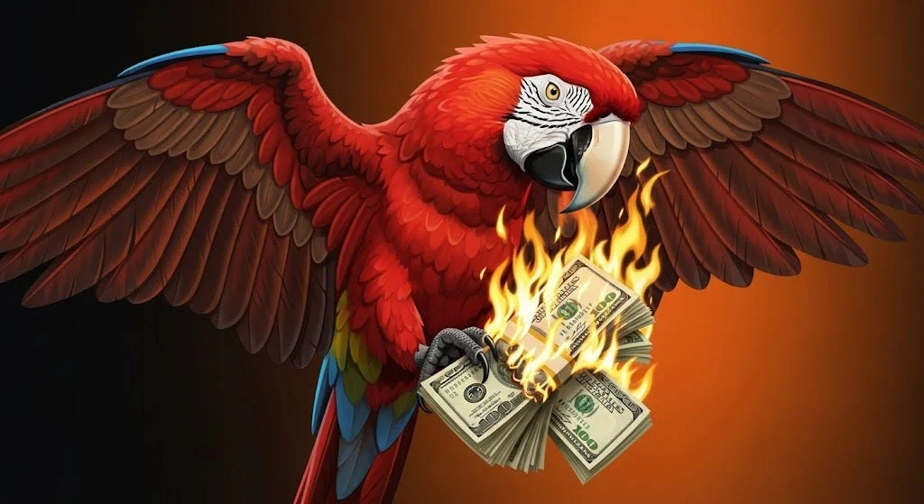 A parrot clutching burning hundred-dollar bills