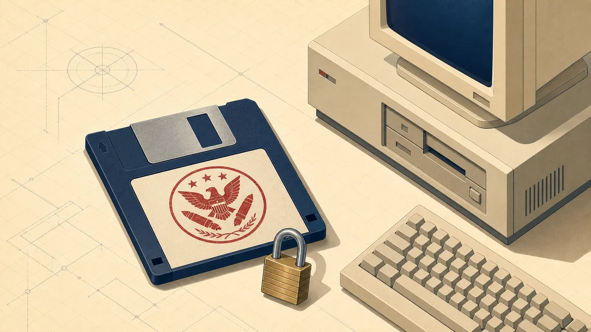 A 1990s floppy disk stamped with a military munitions emblem next to a vintage computer