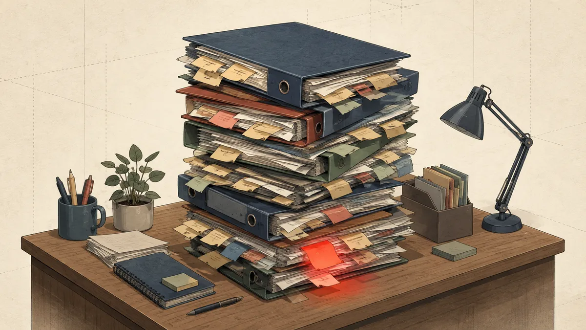 A tall stack of binders stuffed with sticky notes on a desk, one note near the bottom glowing red