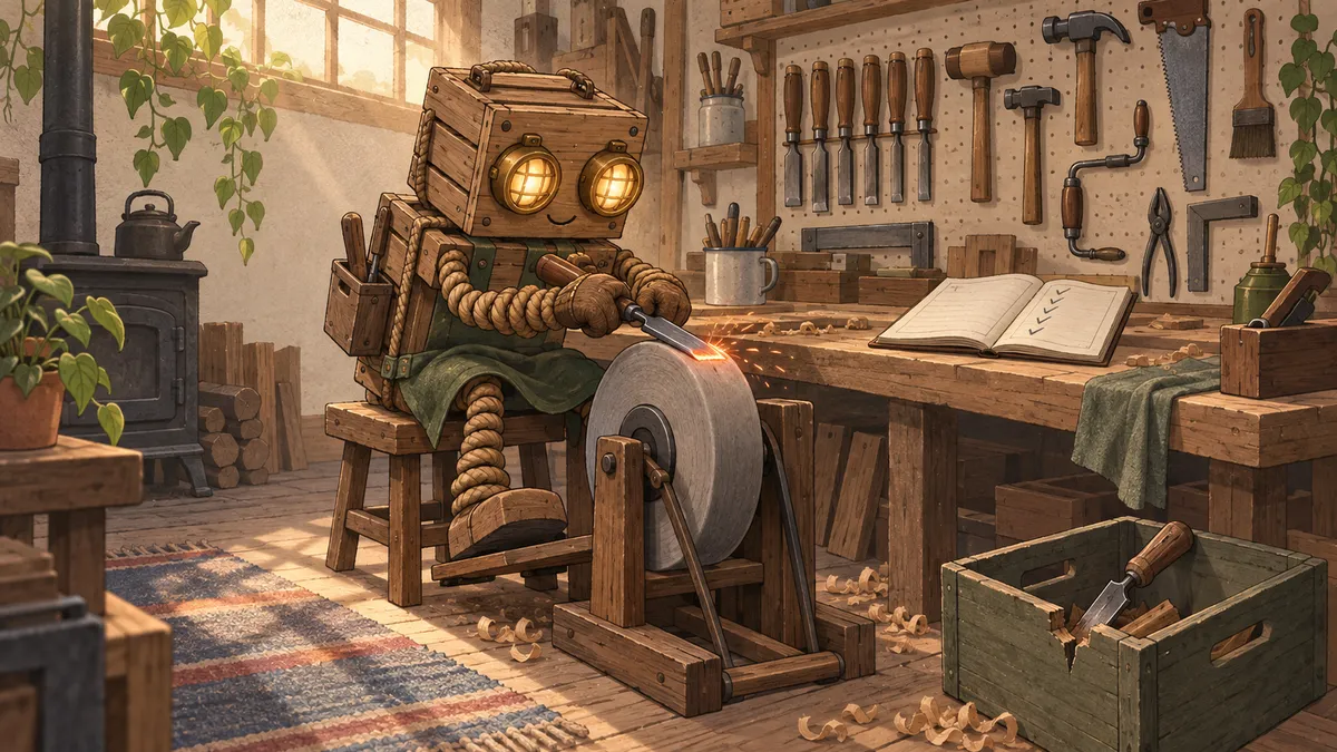 A wooden crate creature at a grindstone, sharpening its own chisel, one spark glowing red orange