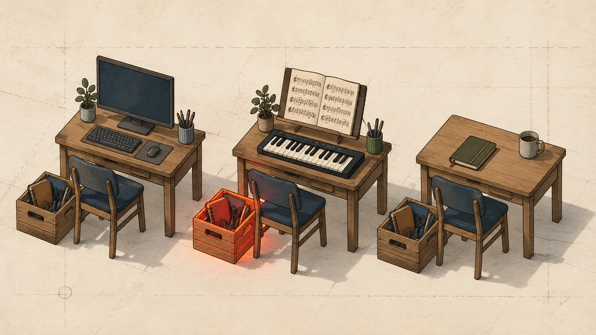 Three desks side by side, one with a monitor, one with a keyboard and sheet music, one with a notebook and a mug, each with its own crate of tools and one crate glowing