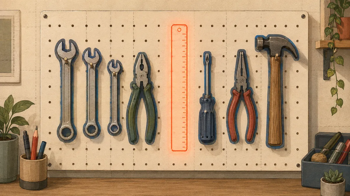 A pegboard of hand tools with a single ruler glowing red orange in the middle of them
