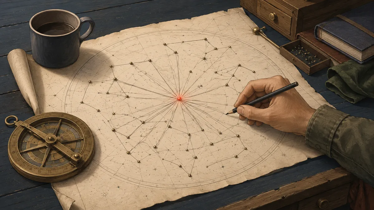 A hand with a pencil plotting a star chart on parchment, one star glowing red at the center of the constellations